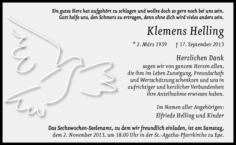  Traueranzeige für Klemens Helling vom 30.10.2013 aus Westfälische Nachrichten