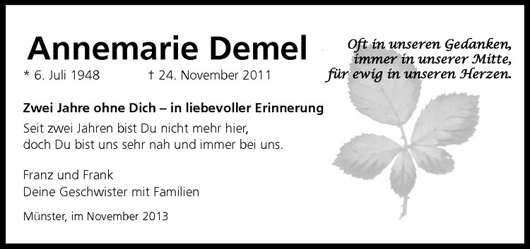 Traueranzeige für Annemarie Demel vom 23.11.2013 aus Westfälische Nachrichten