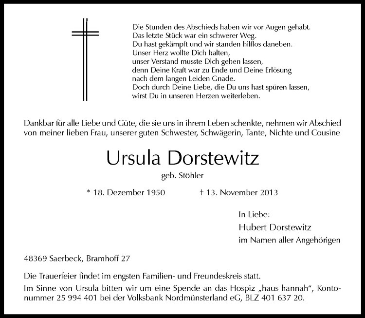  Traueranzeige für Ursula Dorstewitz vom 16.11.2013 aus Westfälische Nachrichten
