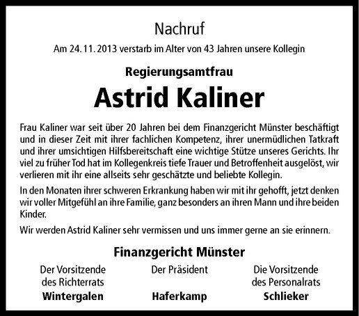  Traueranzeige für Astrid Kaliner vom 27.11.2013 aus Westfälische Nachrichten