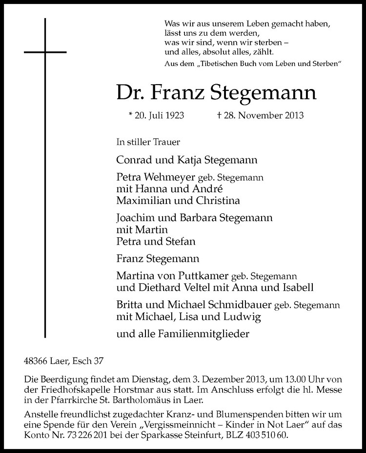  Traueranzeige für Franz Stegemann vom 30.11.2013 aus Westfälische Nachrichten