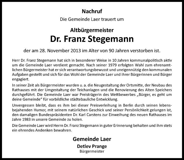  Traueranzeige für Franz Stegemann vom 03.12.2013 aus Westfälische Nachrichten