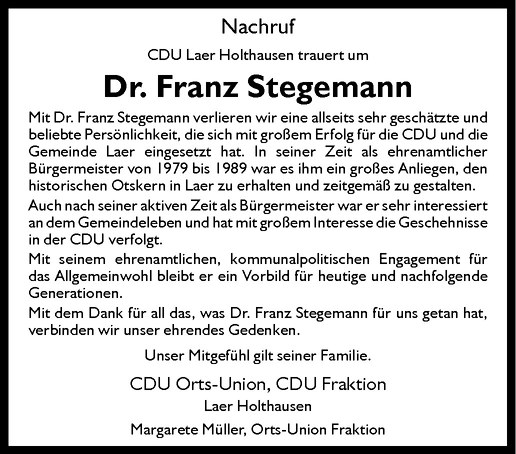  Traueranzeige für Franz Stegemann vom 04.12.2013 aus Westfälische Nachrichten