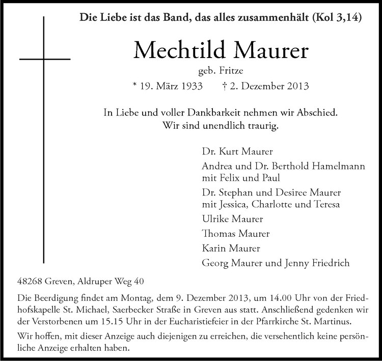 Traueranzeige für Mechtild Maurer vom 07.12.2013 aus Westfälische Nachrichten