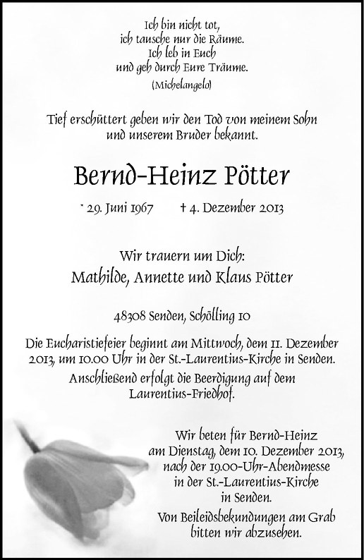  Traueranzeige für Bernd-Heinz Pötter vom 07.12.2013 aus Westfälische Nachrichten