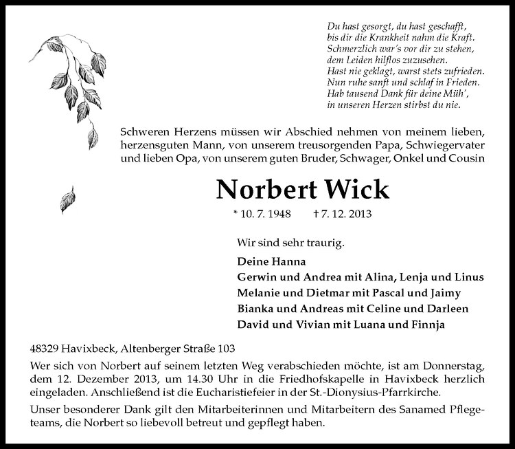  Traueranzeige für Norbert Wick vom 10.12.2013 aus Westfälische Nachrichten