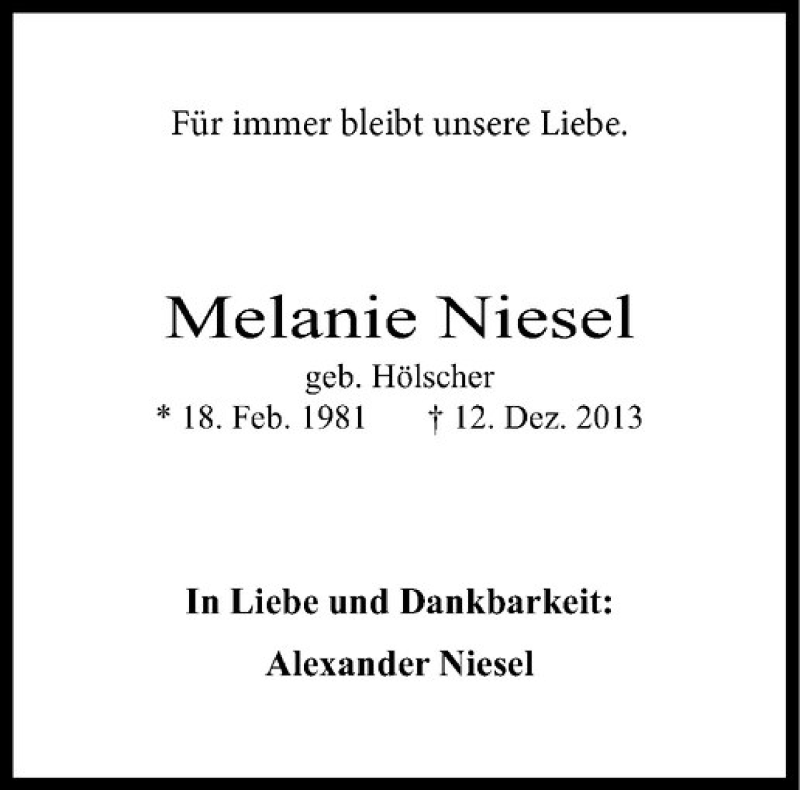  Traueranzeige für Melanie Niesel vom 16.12.2013 aus Westfälische Nachrichten