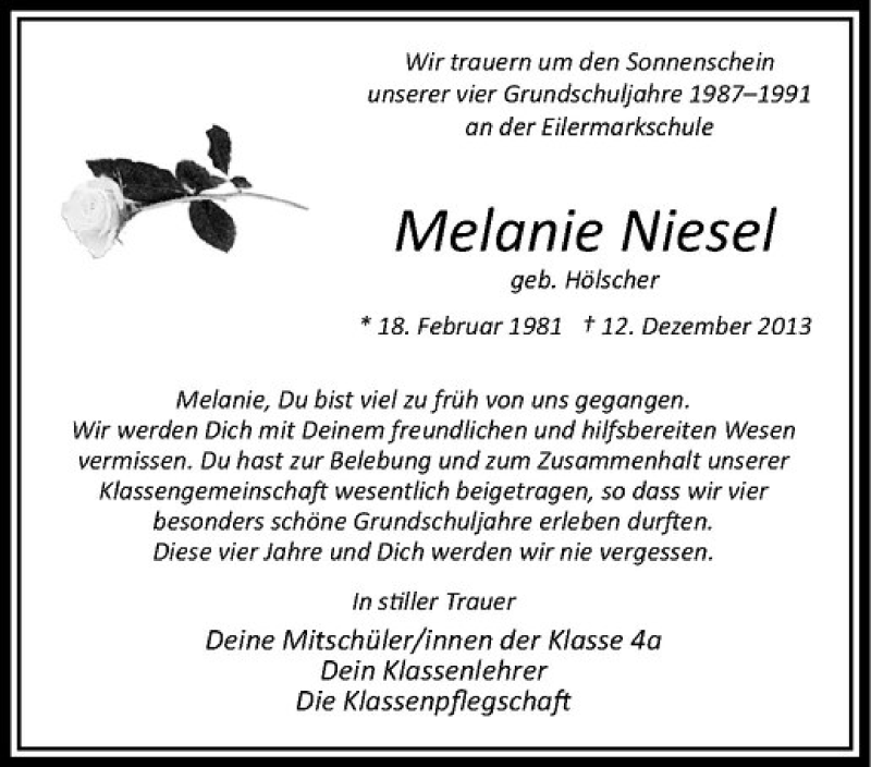  Traueranzeige für Melanie Niesel vom 18.12.2013 aus Westfälische Nachrichten