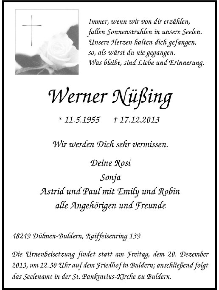  Traueranzeige für Werner Nüßing vom 18.12.2013 aus Westfälische Nachrichten