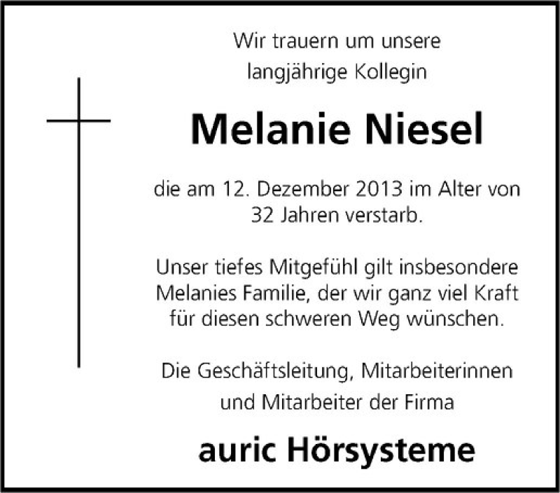  Traueranzeige für Melanie Niesel vom 19.12.2013 aus Westfälische Nachrichten