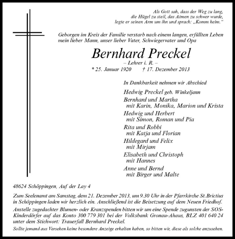  Traueranzeige für Bernhard Preckel vom 19.12.2013 aus Westfälische Nachrichten