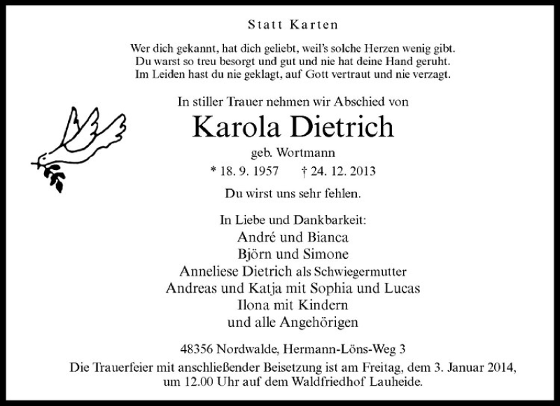  Traueranzeige für Karola Dietrich vom 28.12.2013 aus Westfälische Nachrichten