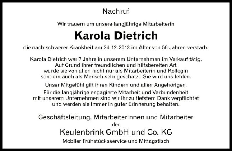  Traueranzeige für Karola Dietrich vom 11.01.2014 aus Westfälische Nachrichten