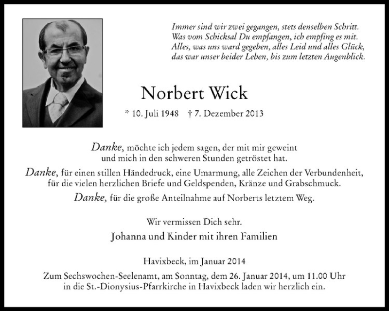  Traueranzeige für Norbert Wick vom 18.01.2014 aus Westfälische Nachrichten