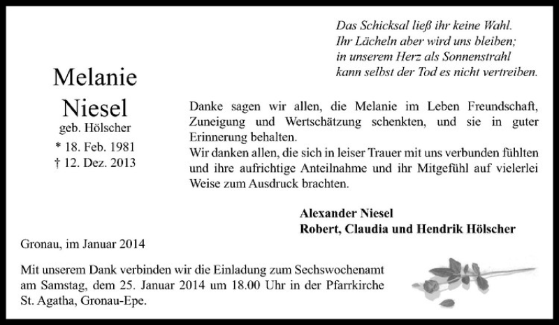  Traueranzeige für Melanie Niesel vom 18.01.2014 aus Westfälische Nachrichten