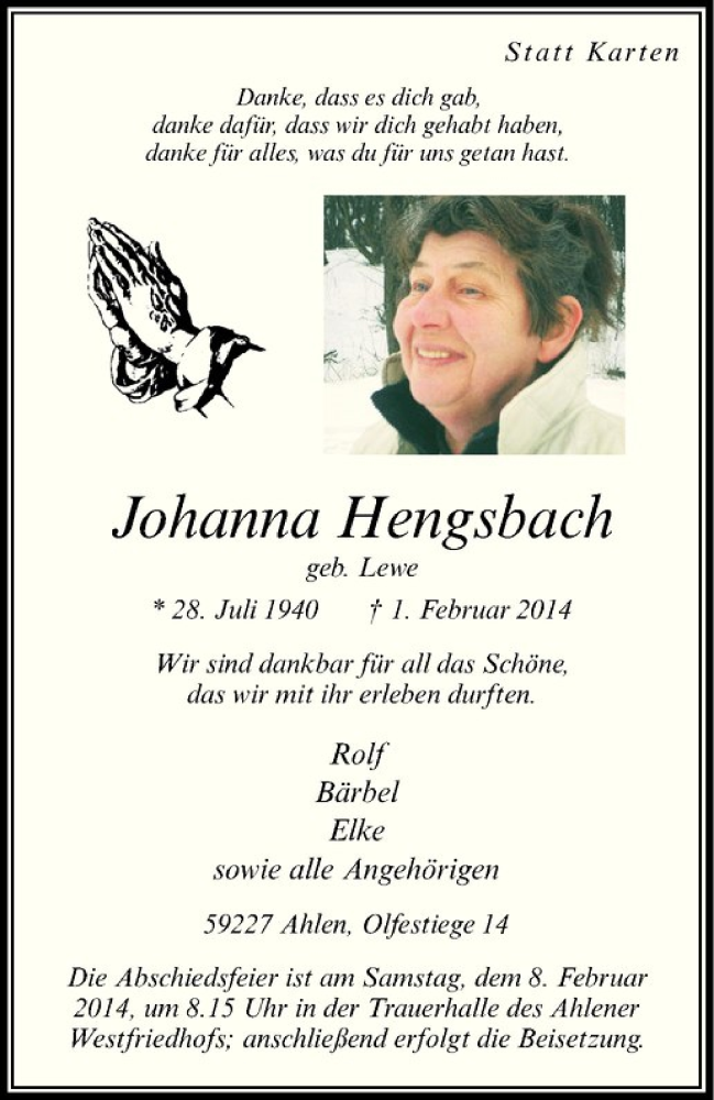  Traueranzeige für Johanna Hengsbach vom 04.02.2014 aus Westfälische Nachrichten