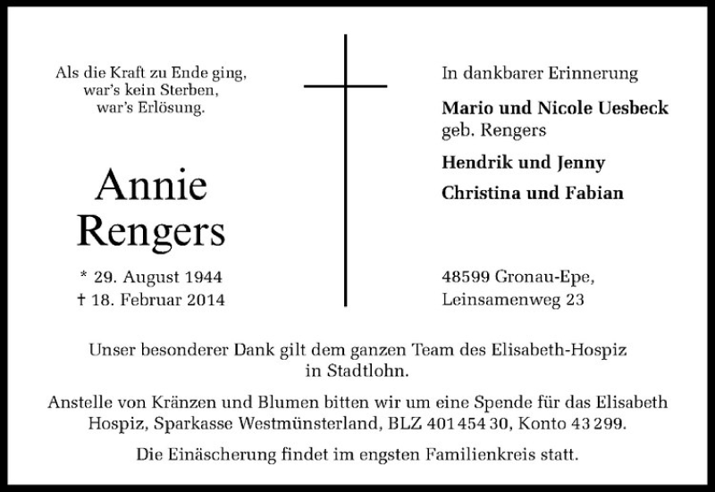  Traueranzeige für Annie Rengers vom 21.02.2014 aus Westfälische Nachrichten