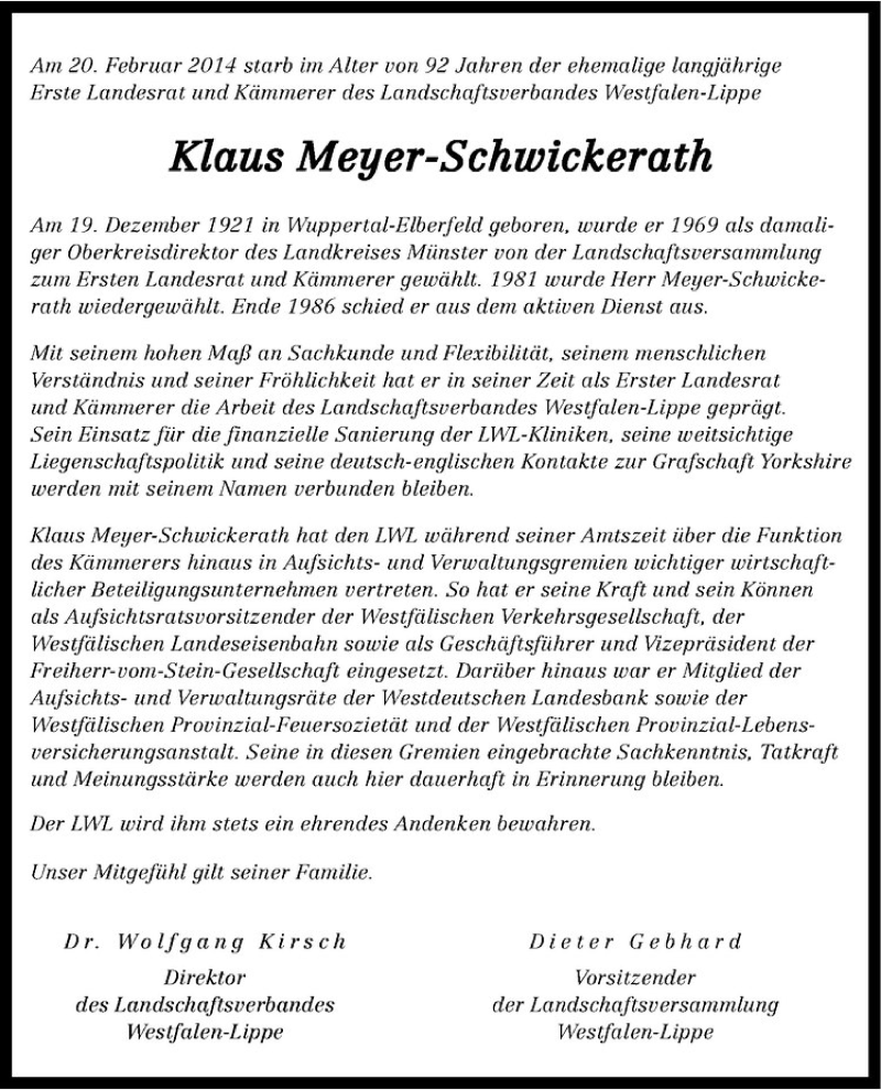  Traueranzeige für Klaus Meyer-Schwickerath vom 26.02.2014 aus Westfälische Nachrichten
