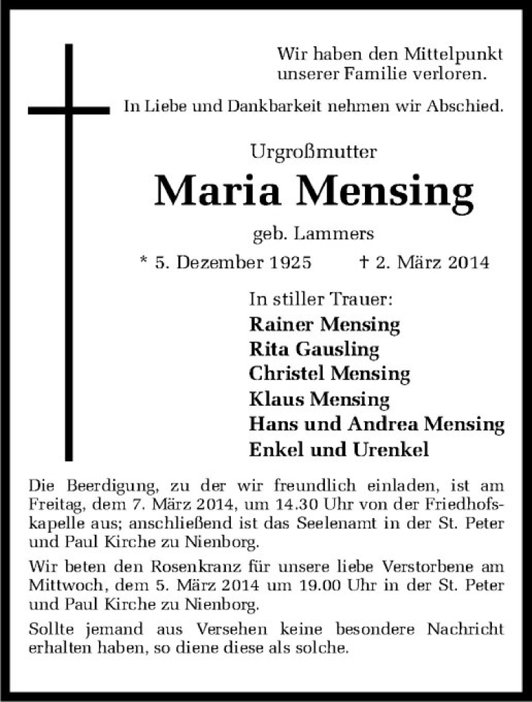  Traueranzeige für Maria Mensing vom 05.03.2014 aus Westfälische Nachrichten