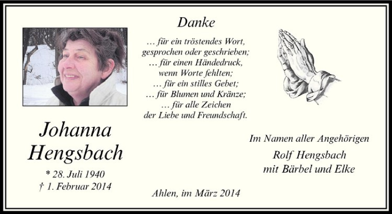  Traueranzeige für Johanna Hengsbach vom 13.03.2014 aus Westfälische Nachrichten