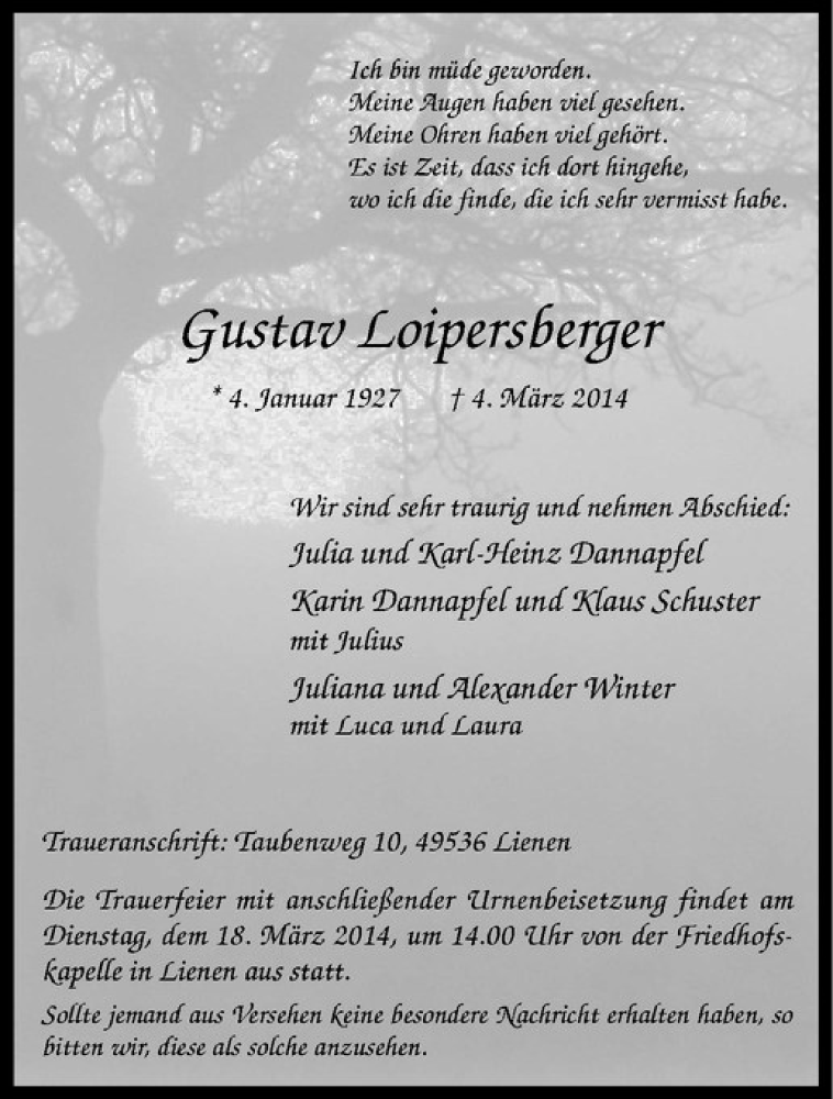  Traueranzeige für Gustav Loipersberger vom 15.03.2014 aus Westfälische Nachrichten
