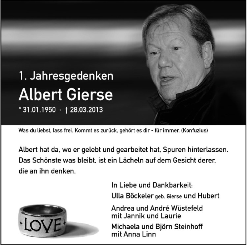  Traueranzeige für Albert Gierse vom 29.03.2014 aus Westfälische Nachrichten