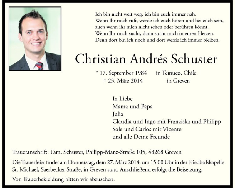  Traueranzeige für Christian Andrés Schuster vom 26.03.2014 aus Westfälische Nachrichten