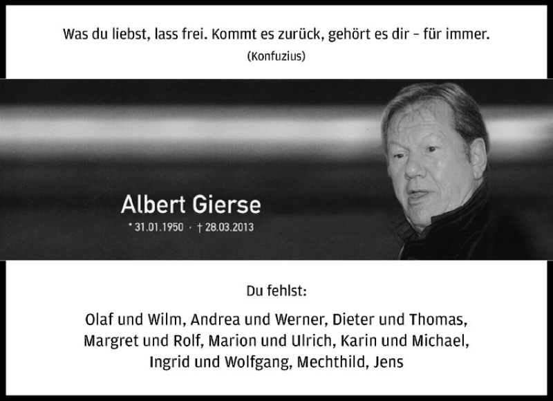  Traueranzeige für Albert Gierse vom 28.03.2014 aus Westfälische Nachrichten