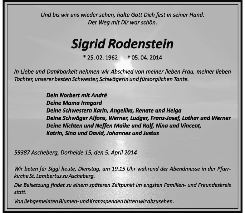  Traueranzeige für Sigrid Rodenstein vom 08.04.2014 aus Westfälische Nachrichten