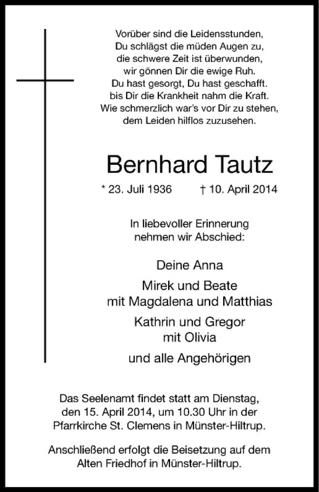 Traueranzeige für Bernhard Tautz vom 12.04.2014 aus Westfälische Nachrichten