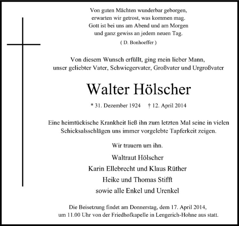  Traueranzeige für Walter Hölscher vom 16.04.2014 aus Westfälische Nachrichten