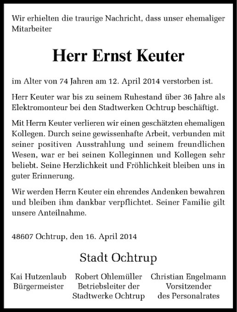  Traueranzeige für Ernst Keuter vom 16.04.2014 aus Westfälische Nachrichten