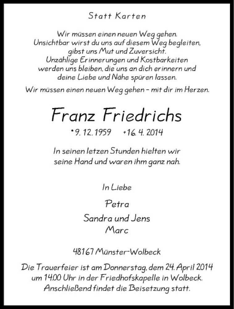  Traueranzeige für Franz Friedrichs vom 18.04.2014 aus Westfälische Nachrichten