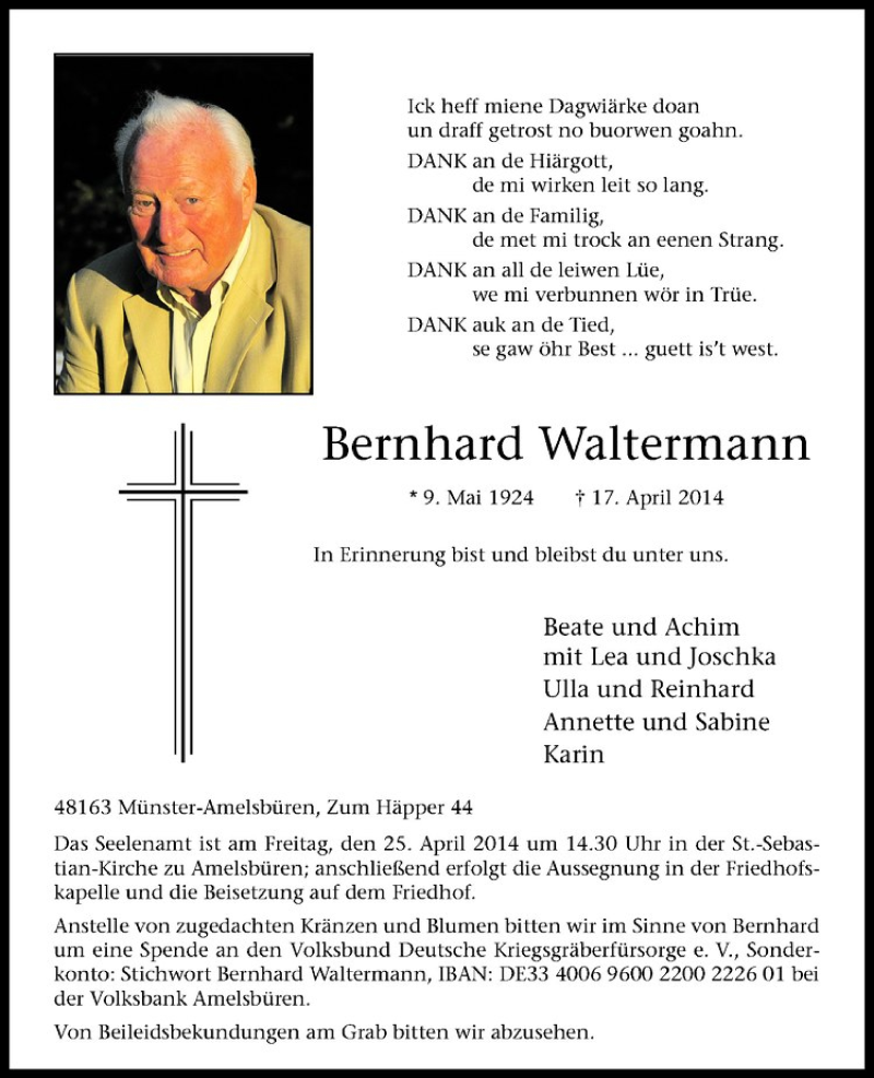  Traueranzeige für Bernhard Waltermann vom 22.04.2014 aus Westfälische Nachrichten