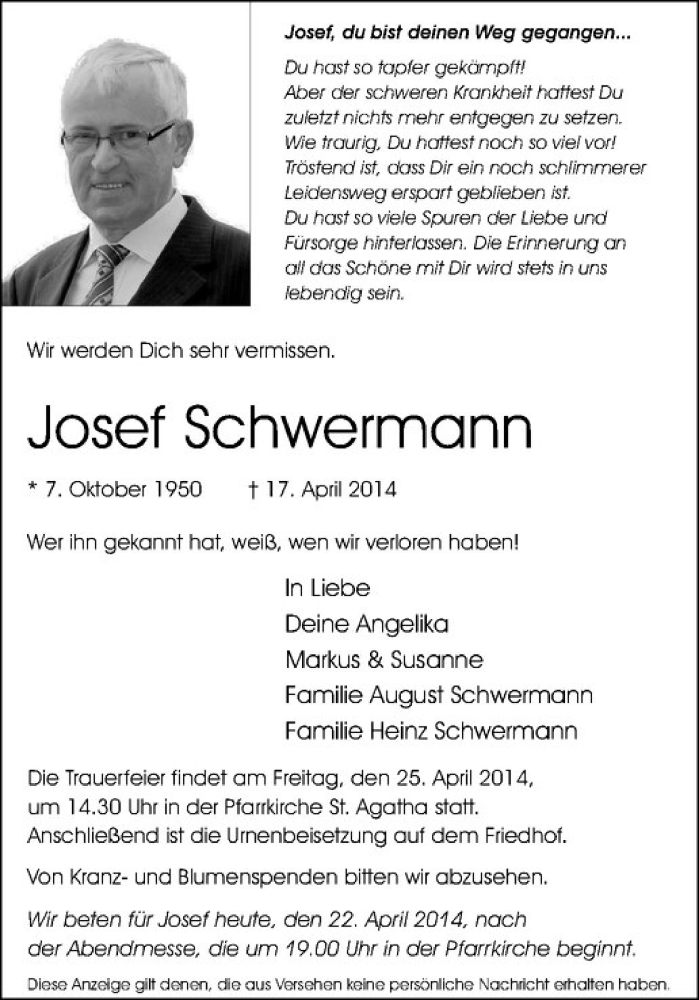  Traueranzeige für Josef Schwermann vom 22.04.2014 aus Westfälische Nachrichten