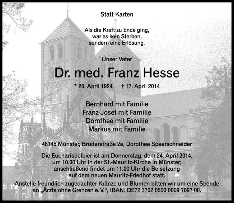  Traueranzeige für Franz Hesse vom 22.04.2014 aus Westfälische Nachrichten