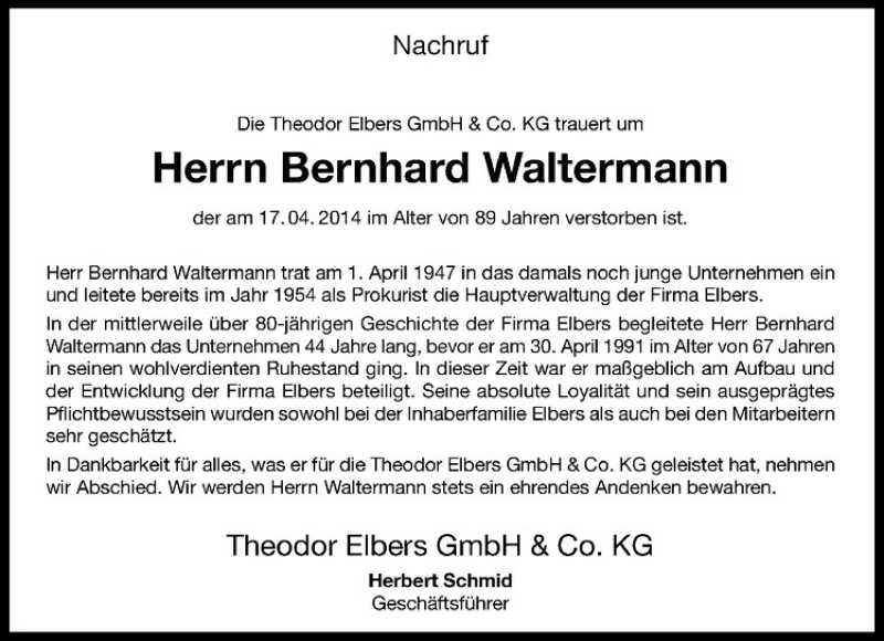  Traueranzeige für Bernhard Waltermann vom 23.04.2014 aus Westfälische Nachrichten