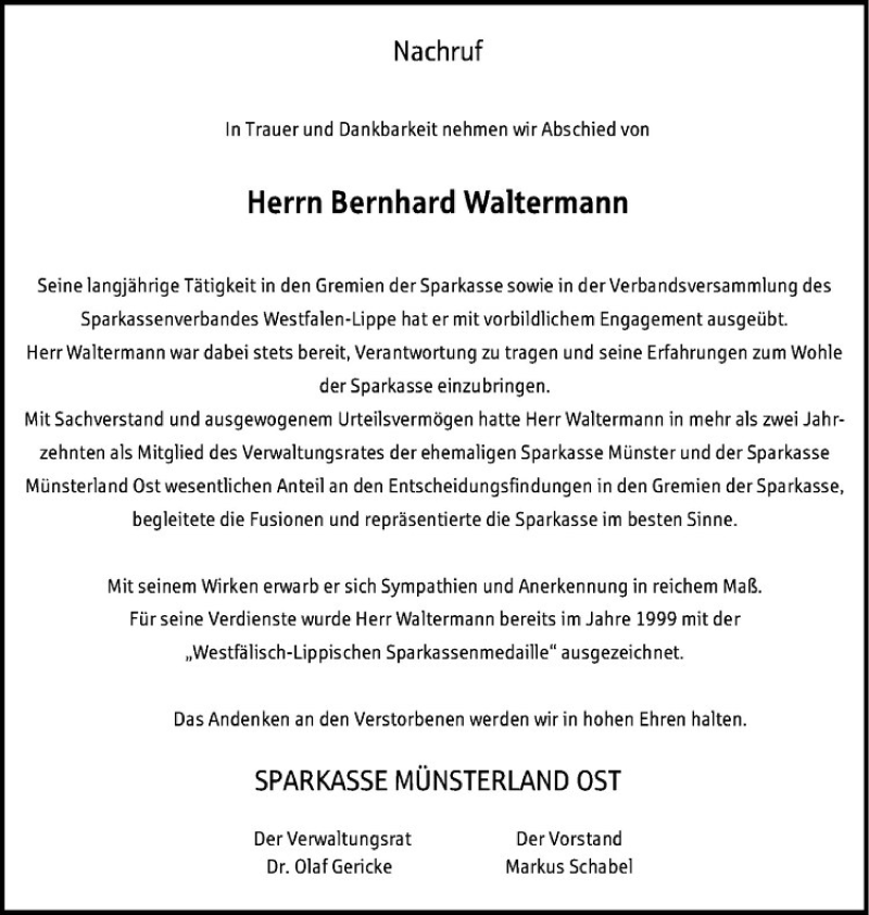  Traueranzeige für Bernhard Waltermann vom 24.04.2014 aus Westfälische Nachrichten