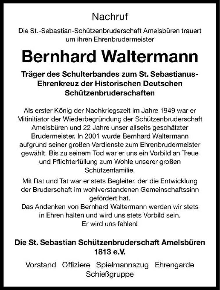  Traueranzeige für Bernhard Waltermann vom 25.04.2014 aus Westfälische Nachrichten