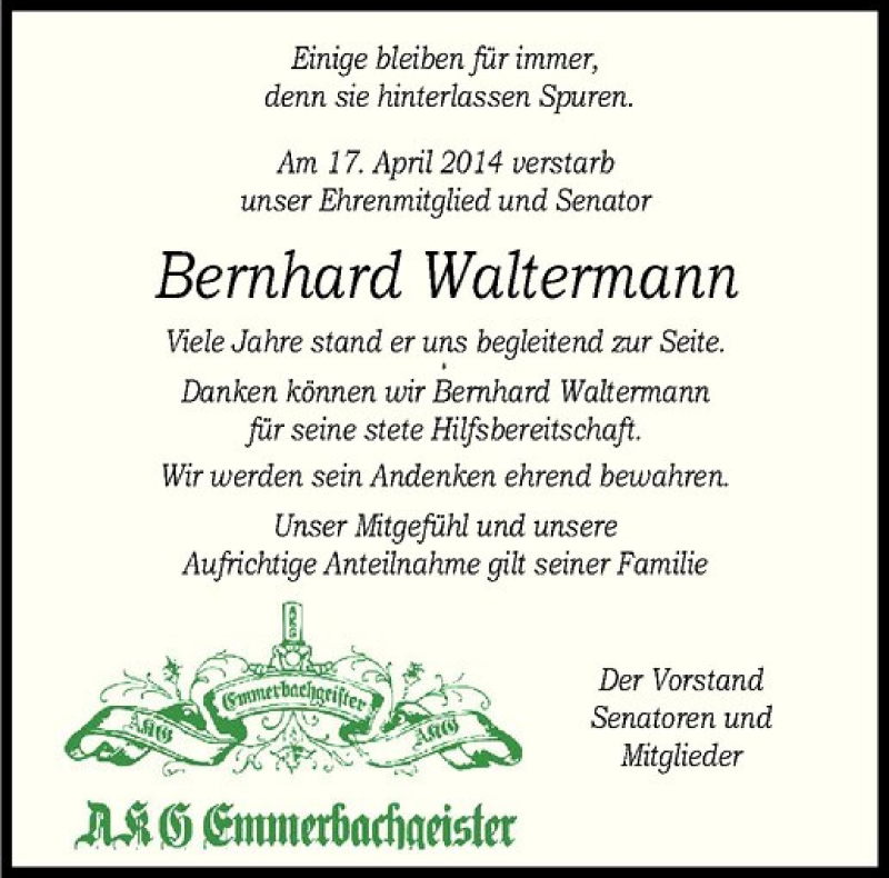  Traueranzeige für Bernhard Waltermann vom 25.04.2014 aus Westfälische Nachrichten