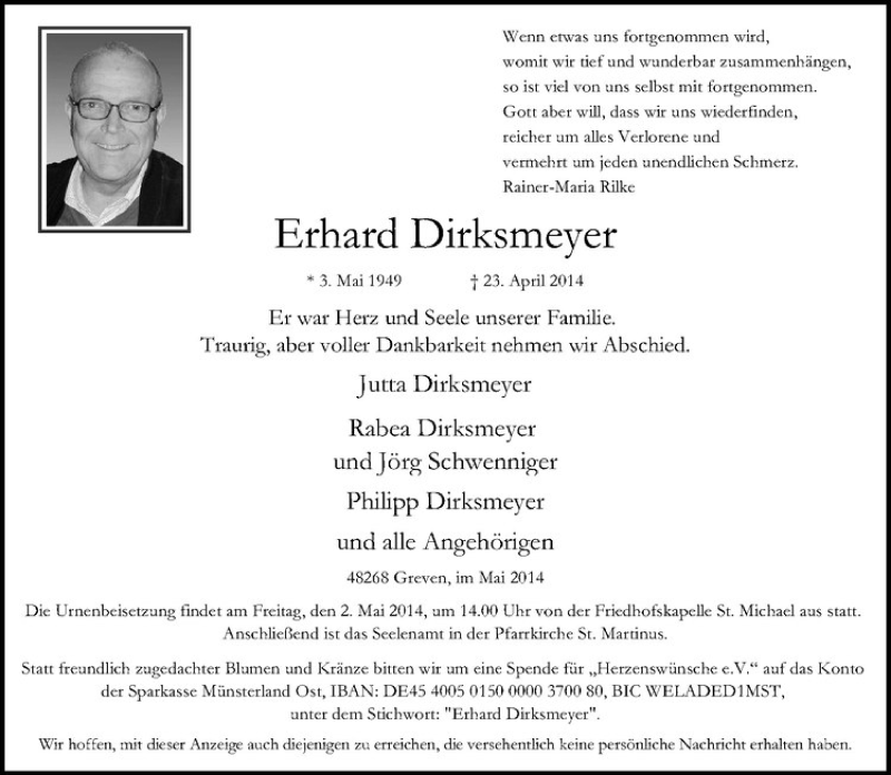  Traueranzeige für Erhard Dirksmeyer vom 26.04.2014 aus Westfälische Nachrichten