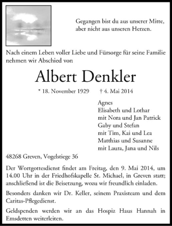 Anzeige von Albert Denkler von Westfälische Nachrichten