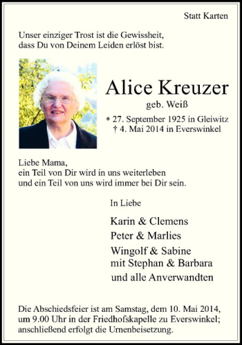Anzeige von Alice Kreuzer von Westfälische Nachrichten