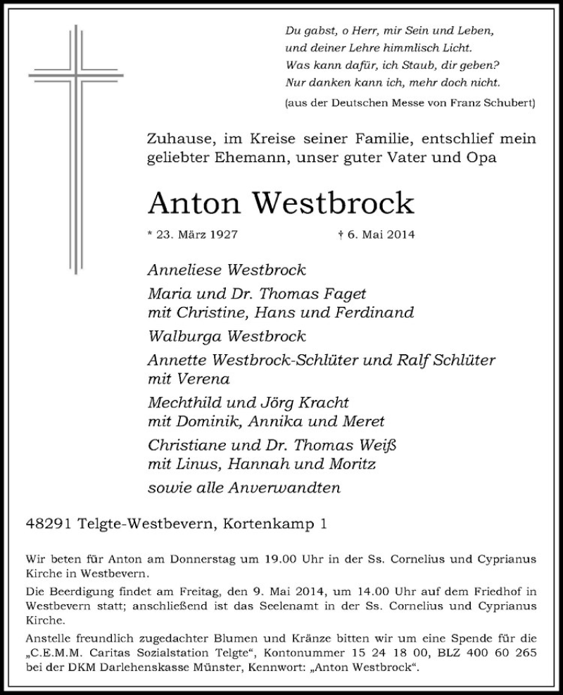 Traueranzeige für Anton Westbrock vom 07.05.2014 aus Westfälische Nachrichten
