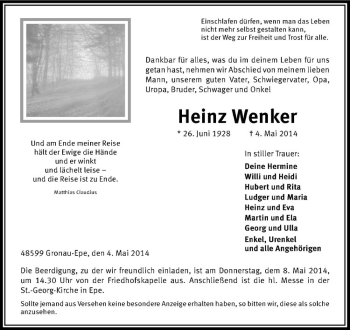 Anzeige von Heinz Wenker von Westfälische Nachrichten