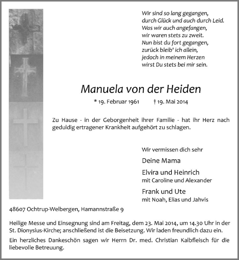  Traueranzeige für Manuela von der Heiden vom 21.05.2014 aus Westfälische Nachrichten