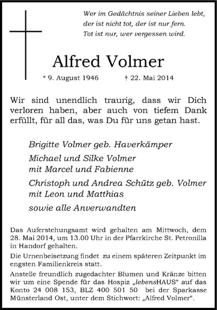  Traueranzeige für Alfred Volmer vom 24.05.2014 aus Westfälische Nachrichten