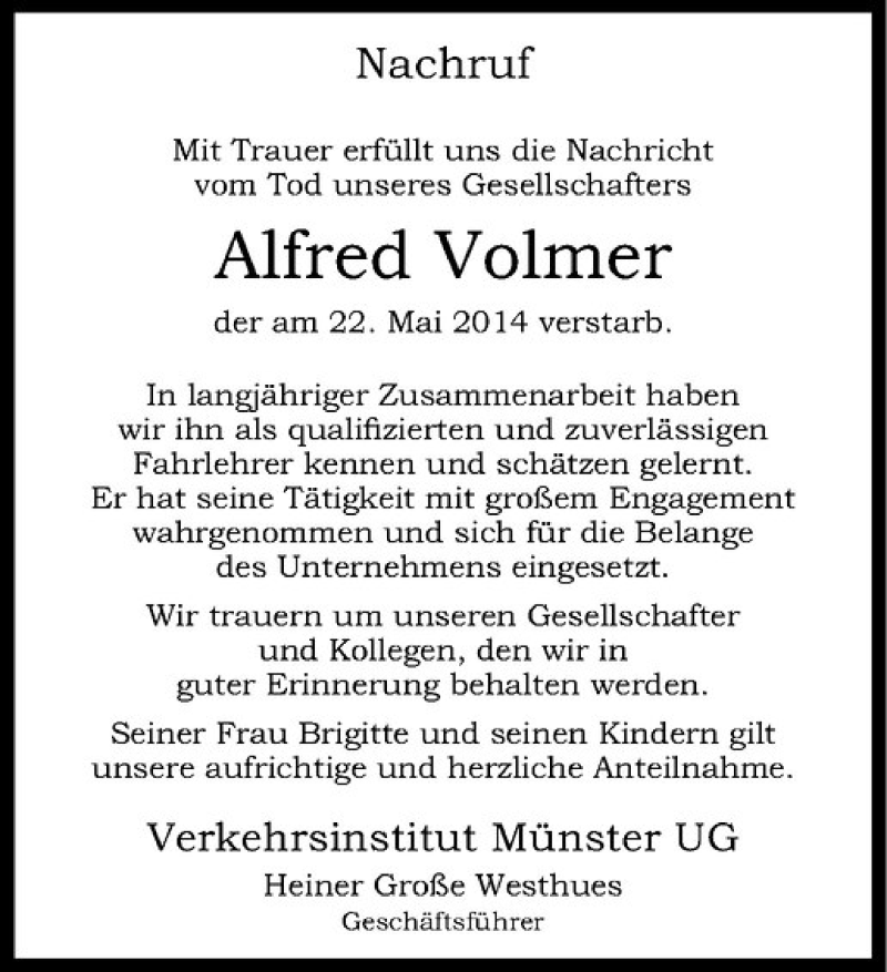  Traueranzeige für Alfred Volmer vom 24.05.2014 aus Westfälische Nachrichten
