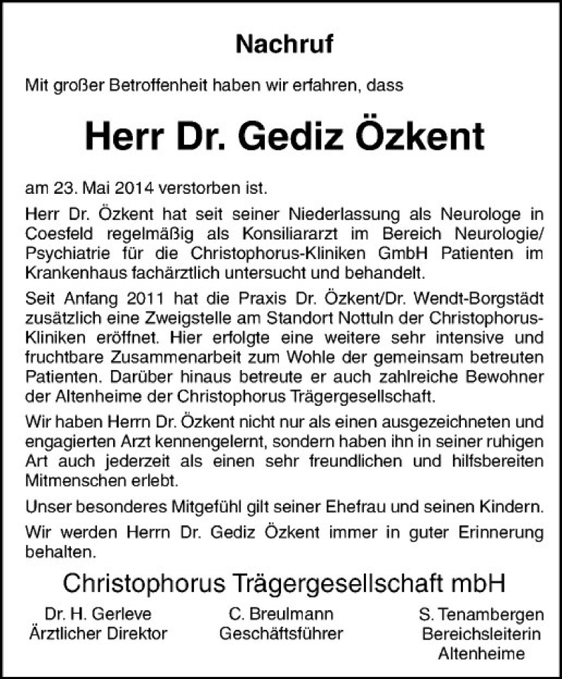  Traueranzeige für Gediz Özkent vom 31.05.2014 aus Westfälische Nachrichten