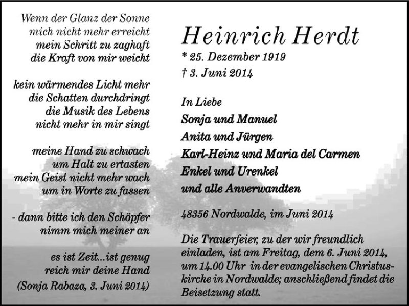  Traueranzeige für Heinrich Herdt vom 05.06.2014 aus Westfälische Nachrichten